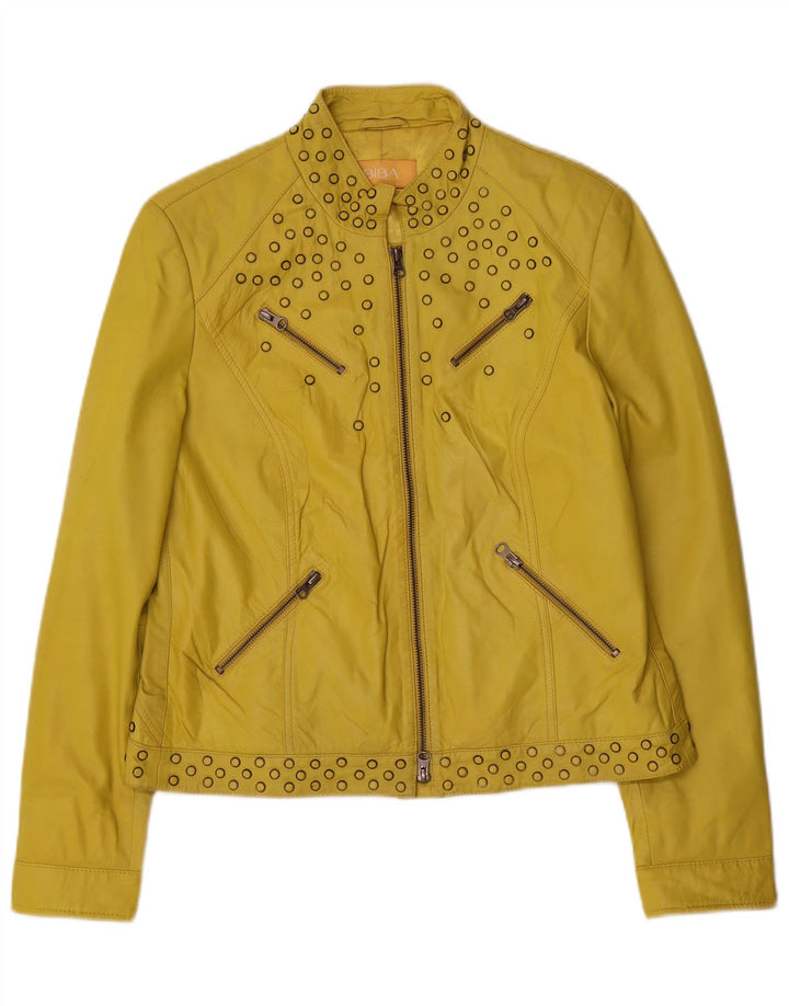 Biba Chaqueta de cuero para mujer UK 44 Cuero con manchas amarillas medianas