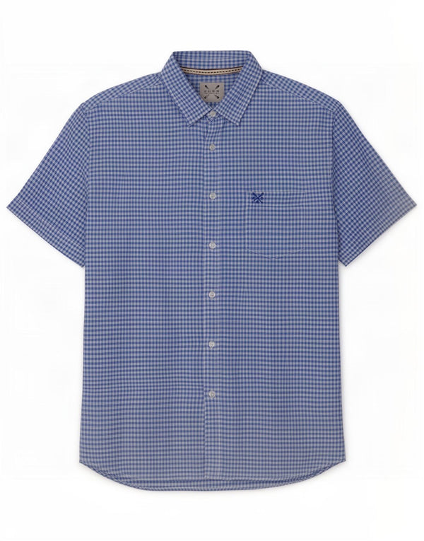 Crew Clothing Mens Short Sleeve Shirt Medium Blue Gingham Linen
