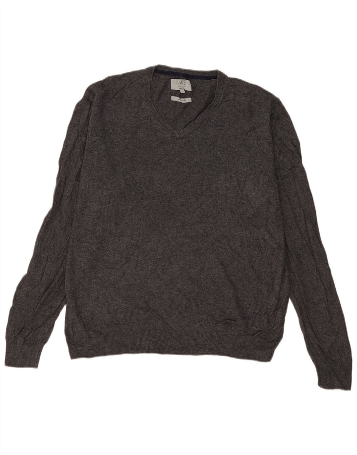 Marks & Spencer Jersey con cuello en V para hombre, talla grande, algodón gris