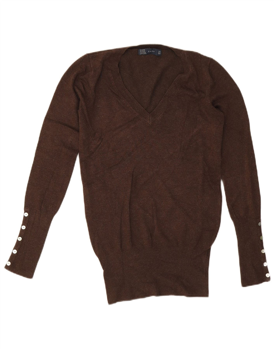 Zara - Jersey con cuello en V para mujer, talla 40, rayón marrón medio