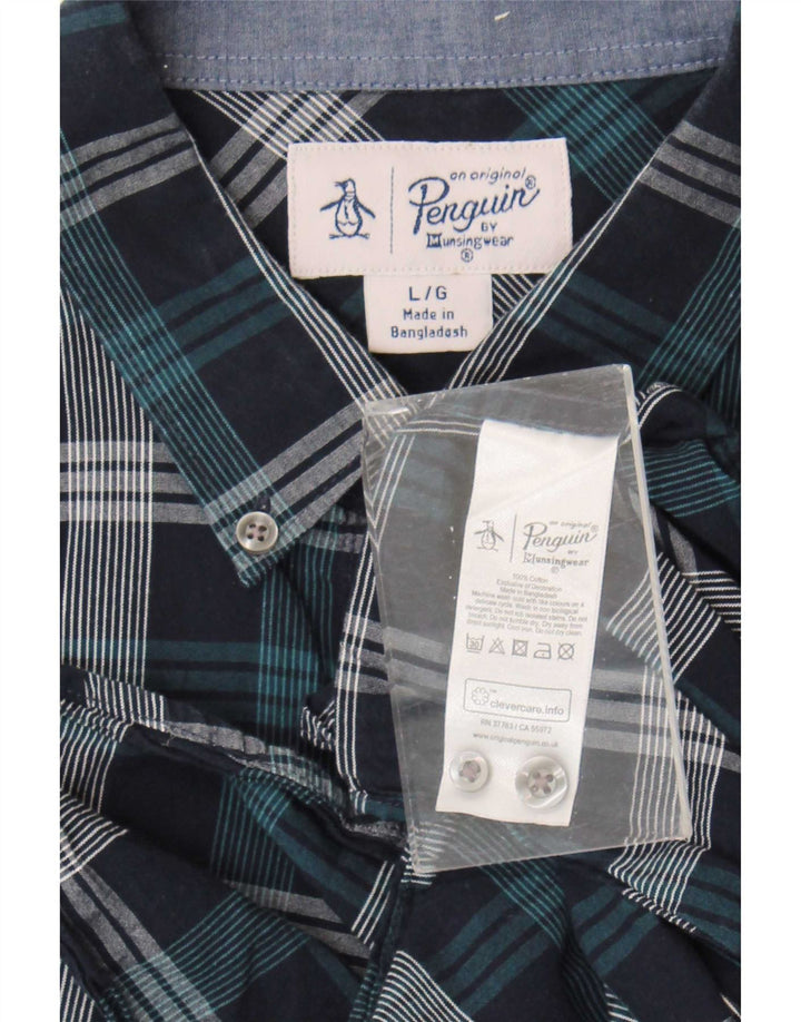 Camisa Penguin Hombre Grande Azul Marino Cuadros Algodón