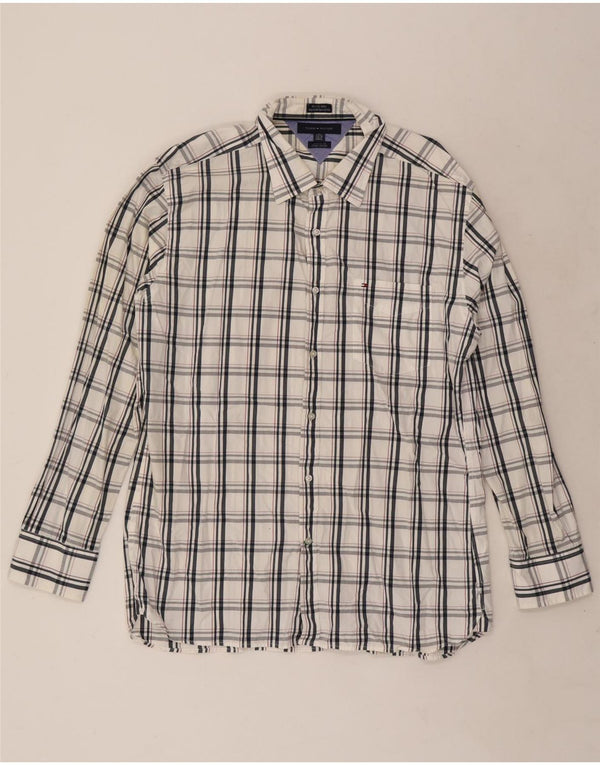 Tommy Hilfiger Camisa de ajuste personalizado para hombre Talla 17 1/2 18 XL Algodón a cuadros blanco
