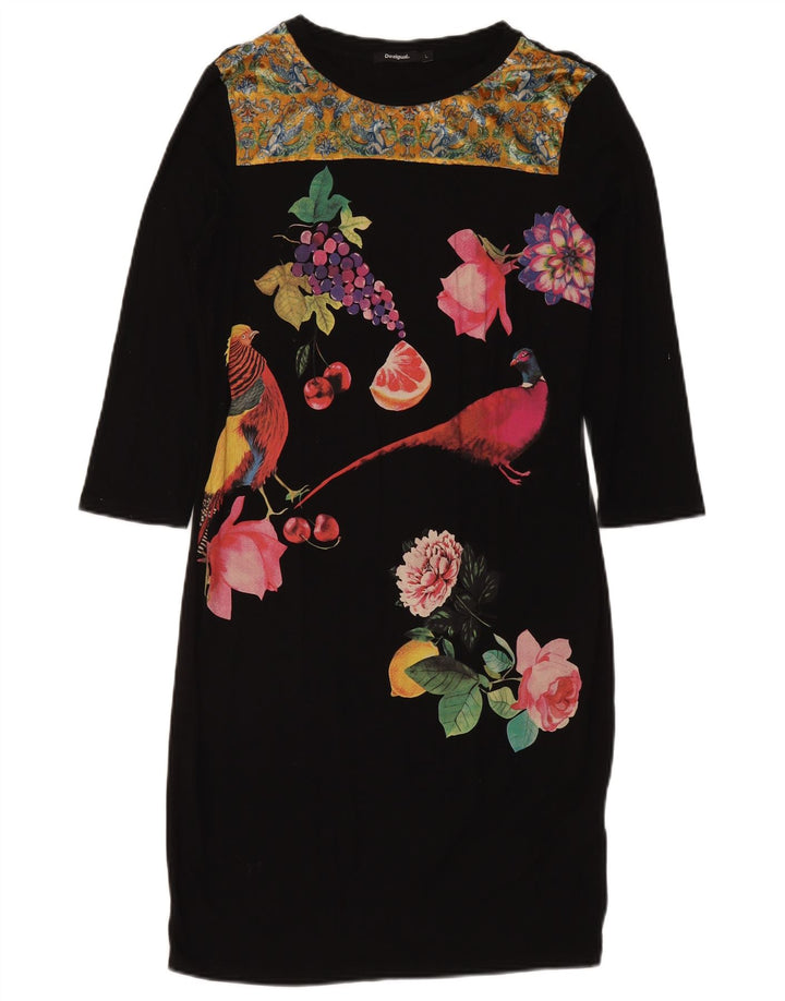 Desigual Vestido recto gráfico para mujer UK 44 Grande Viscosa floral negra