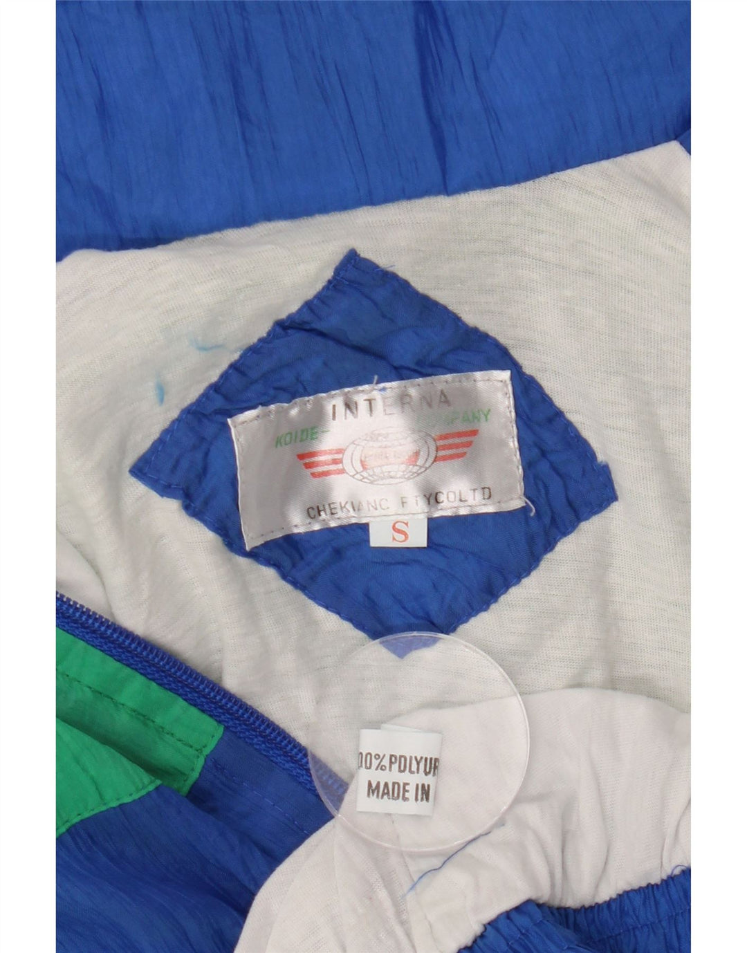 Vintage hombres chándal top chaqueta pequeña azul colorblock poliuretano retro