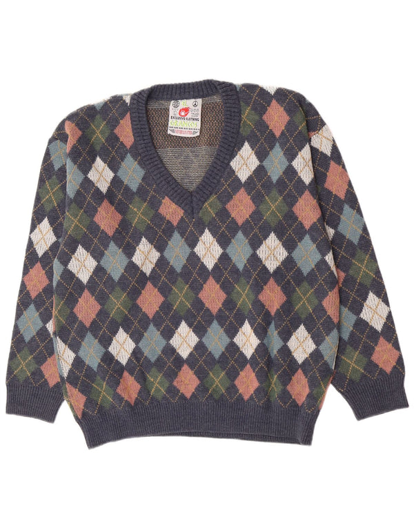 Vintage hombres V-cuello jumper suéter grande azul marino Argyle/diamante lana