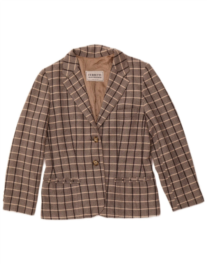 FERRETTI Chaqueta tipo blazer de 2 botones para mujer UK 10 Small Brown Check Wool