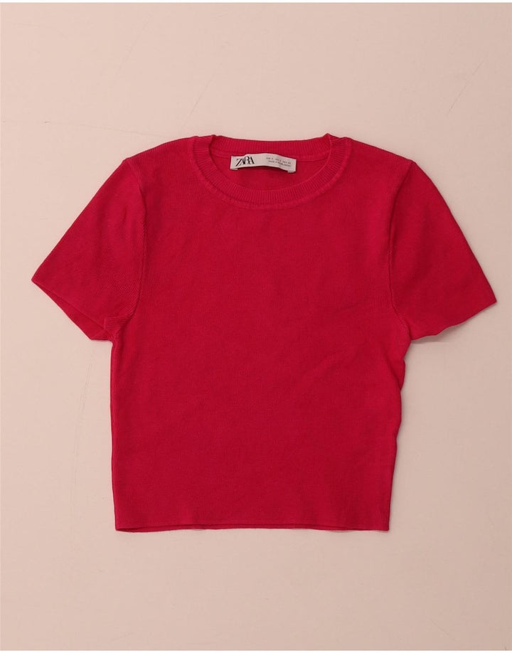 ZARA Mujer Crop Manga Corta Cuello Redondo Jersey Jersey UK 8 Small Rosa