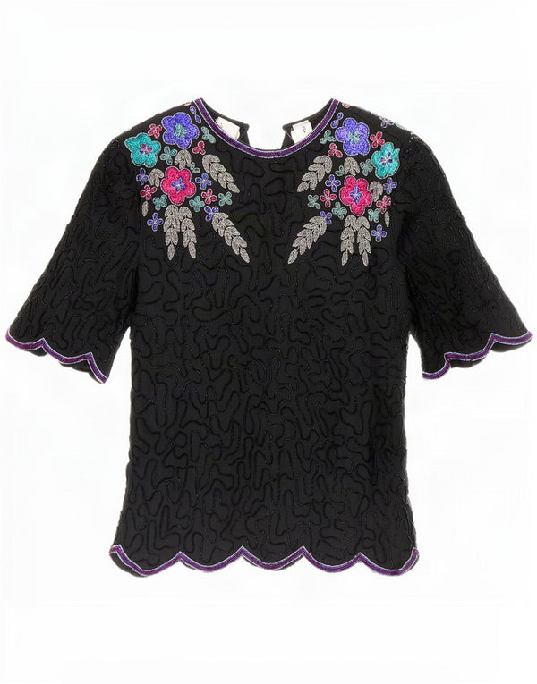 Laurence Kozar Blusa para mujer Top UK 40 Grande Seda floral negra