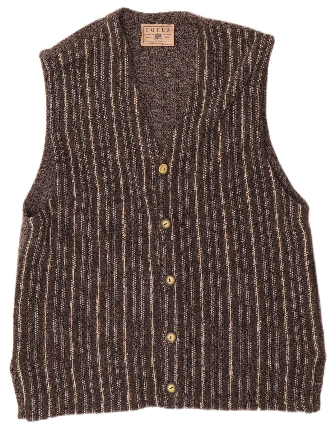 Vintage hombres sin mangas Cardigan suéter medio gris rayas lana