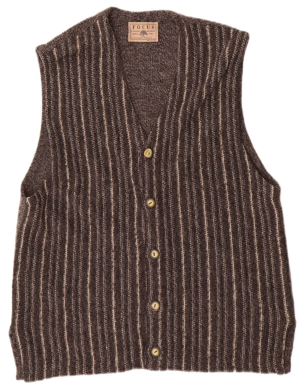 Vintage hombres sin mangas Cardigan suéter medio gris rayas lana