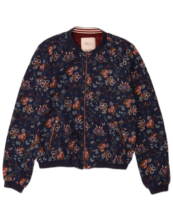Zara Mujer Trafaluc Bomber Jacket UK 10 Small Azul Marino Floral Poliéster