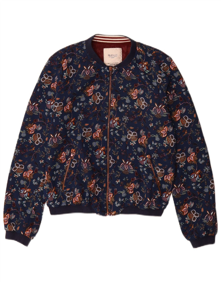 Zara Mujer Trafaluc Bomber Jacket UK 10 Small Azul Marino Floral Poliéster