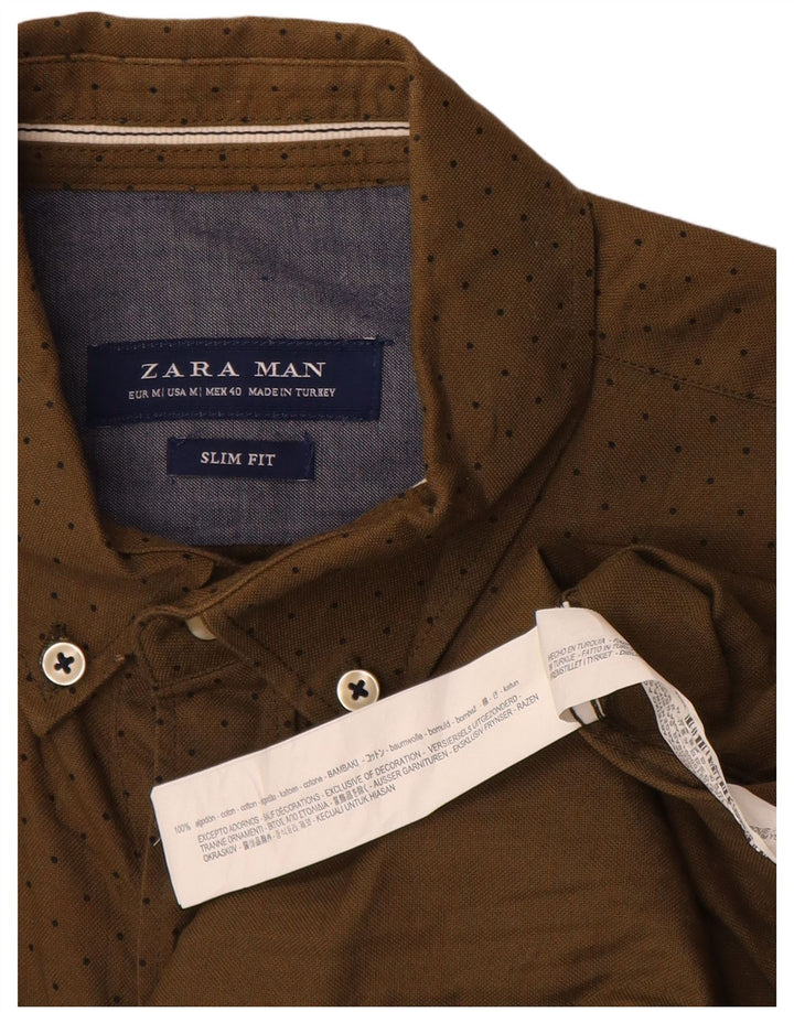 Zara Hombre Camisa Slim Fit Algodón Moteado Caqui Medio