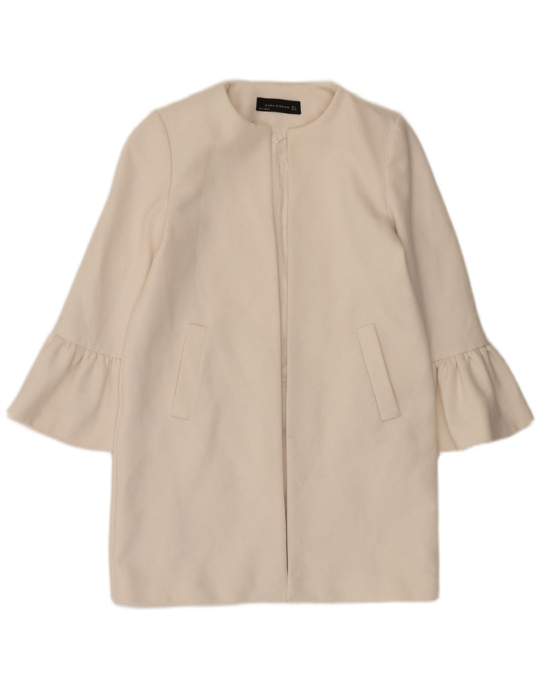 Zara Mujer Chaqueta Americana Larga Abierta UK 10 Small Poliéster Blanco