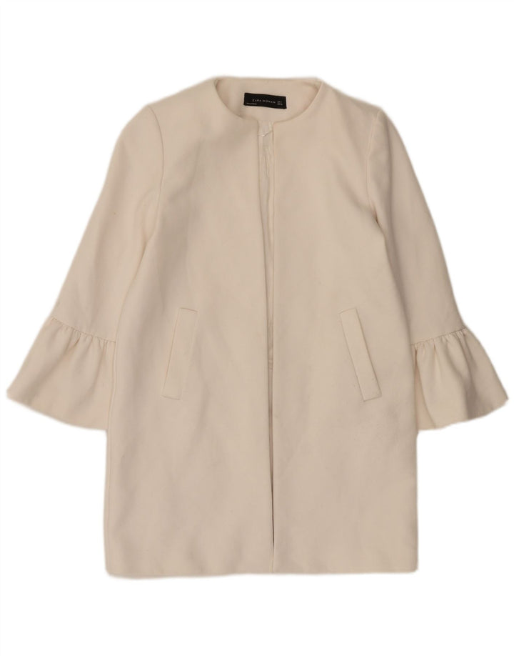 Zara Mujer Chaqueta Americana Larga Abierta UK 10 Small Poliéster Blanco