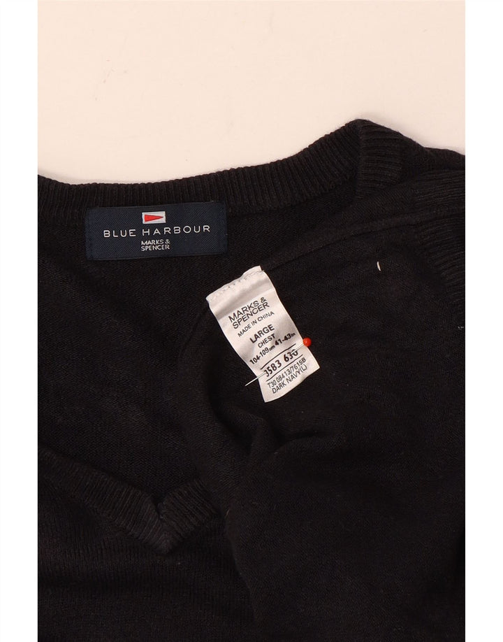 Marks & Spencer Suéter tipo jersey con cuello en V azul Harbor para hombre, talla grande, azul marino
