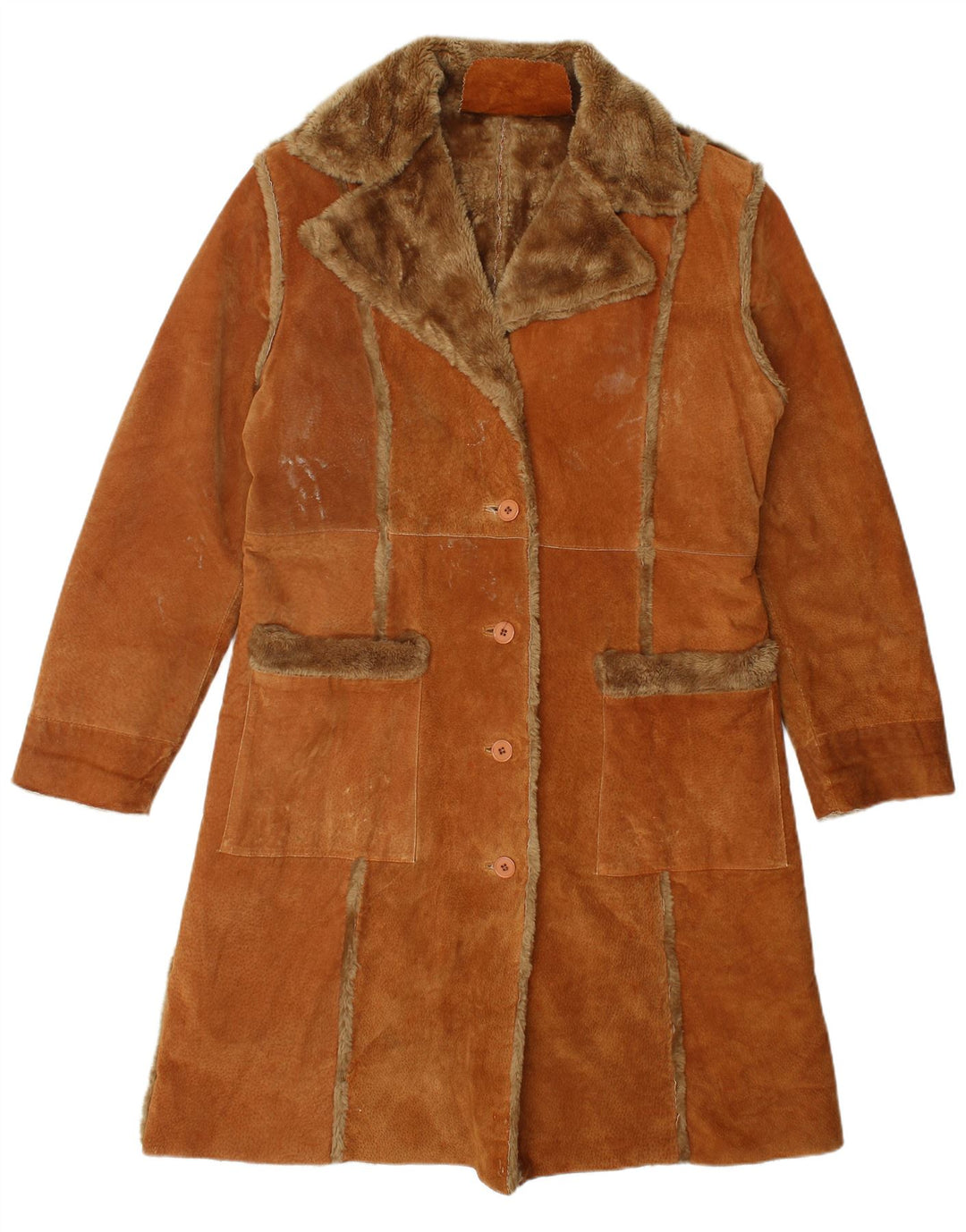 Vintage mujer shearling abrigo Reino Unido 18 XL cuero marrón