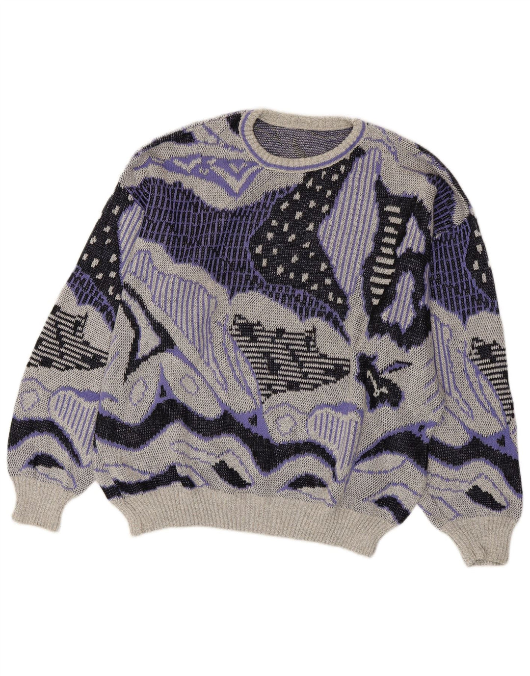 VINTAGE Mujeres Patrón Abstracto Cuello Redondo Jersey Suéter Reino Unido 20 2XL Gris