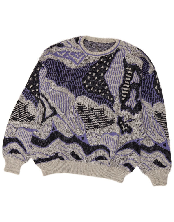 VINTAGE Womens Abstract Pattern Crew Neck Jumper Sweater UK 20 2XL Grey