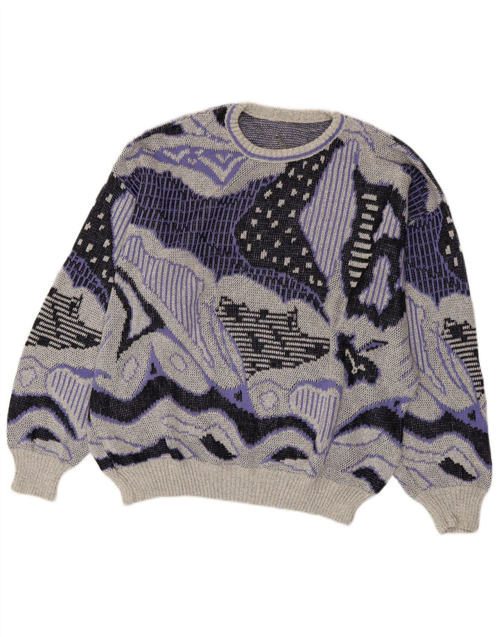 VINTAGE Mujeres Patrón Abstracto Cuello Redondo Jersey Suéter Reino Unido 20 2XL Gris