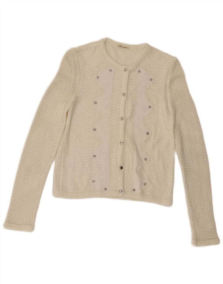 Vintage mujer Cardigan suéter Reino Unido 10 pequeño poliacrílico blanco