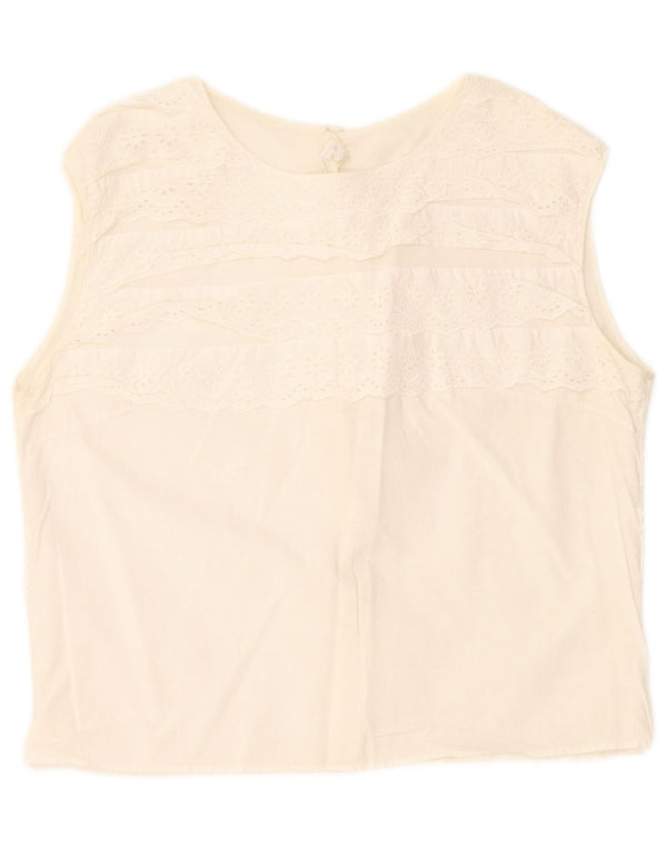 Vintage mujer crop camisa sin mangas blusa Reino Unido 8 pequeño blanco