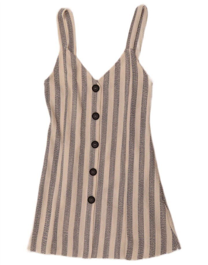 Zara Mujer Mini Vestido Sin Mangas Acampanado UK 8 Pequeño Poliéster A Rayas Blanco