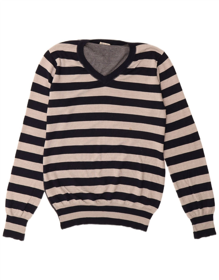 Gaudí Jersey para Hombre con Cuello en V Jersey Grande de Lana Merino a Rayas Negras