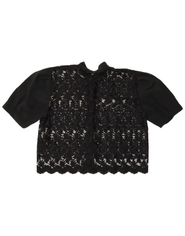 Vintage mujer crop ver a través de camisa blusa Reino Unido 14 medio negro floral