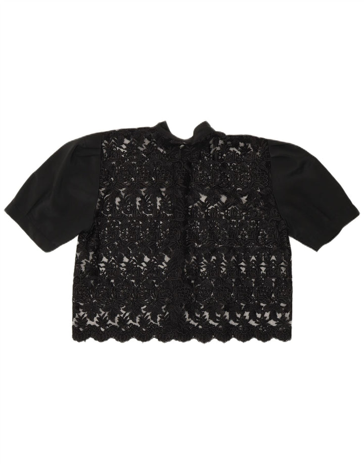 Vintage mujer crop ver a través de camisa blusa Reino Unido 14 medio negro floral