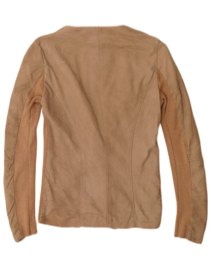Trademark Chaqueta tipo blazer de ante con 1 botón para mujer, talla 40, color beige pequeño
