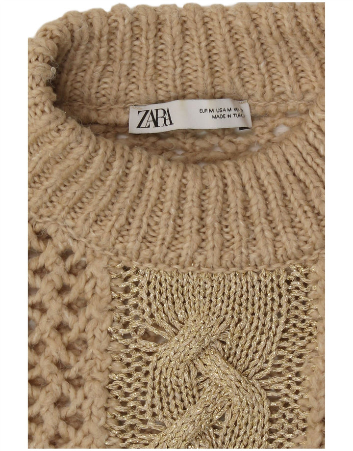 Zara Mujer Suéter De Cuello Alto De Ganchillo UK 40 Medio Beige