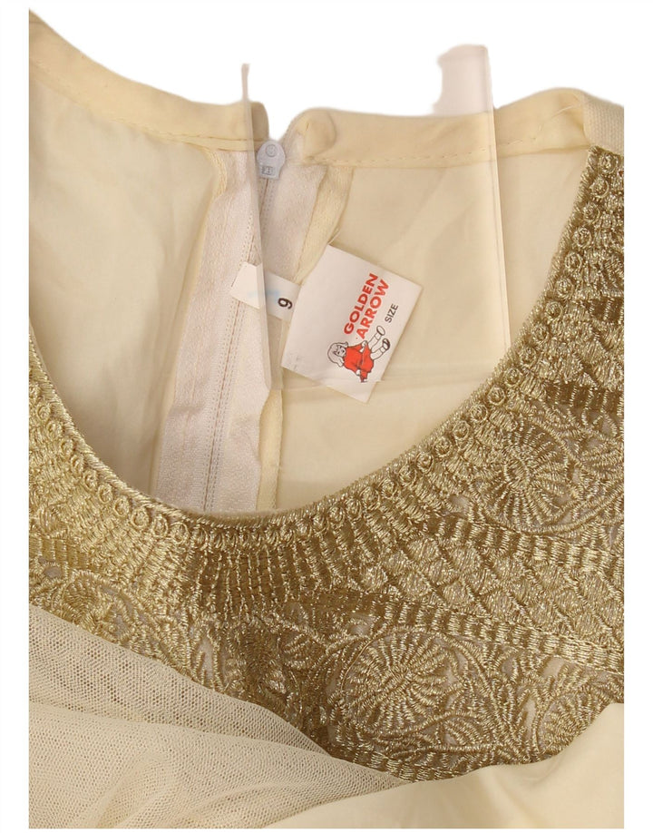 VINTAGE Mujer manga larga A-Line Vestido US 6 Medio Beige Floral