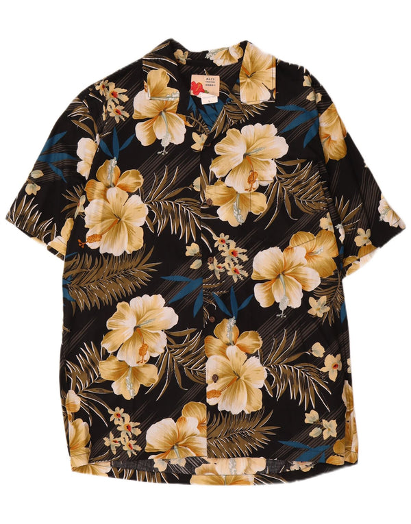 Vintage hombres camisa de manga corta grande negro floral algodón hawaiano