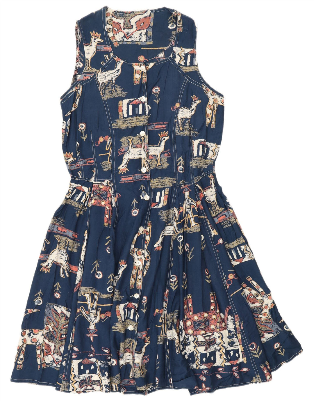 Vintage mujer patrón abstracto A-Line vestido Reino Unido 12 azul marino medio