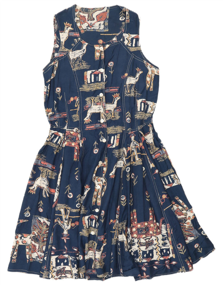 Vintage mujer patrón abstracto A-Line vestido Reino Unido 12 azul marino medio