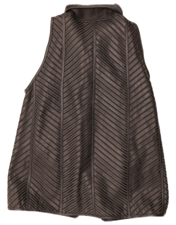 VINTAGE Mujer Sherpa Longline Gilet EU 40 Cuero a rayas gris medio