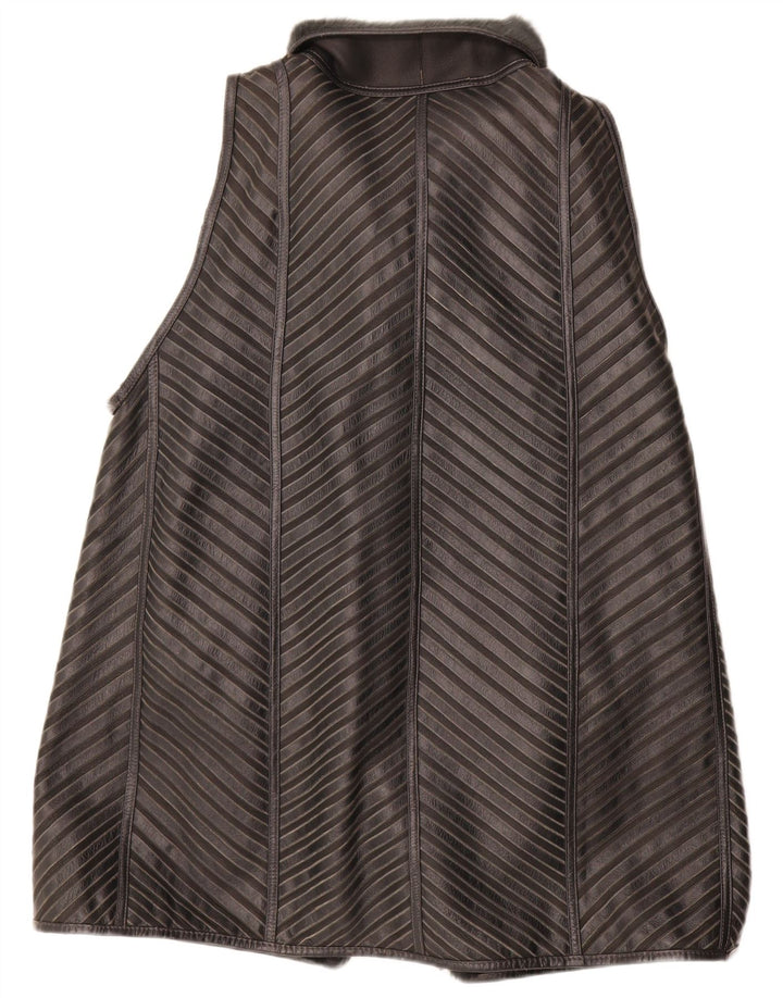 VINTAGE Mujer Sherpa Longline Gilet EU 40 Cuero a rayas gris medio