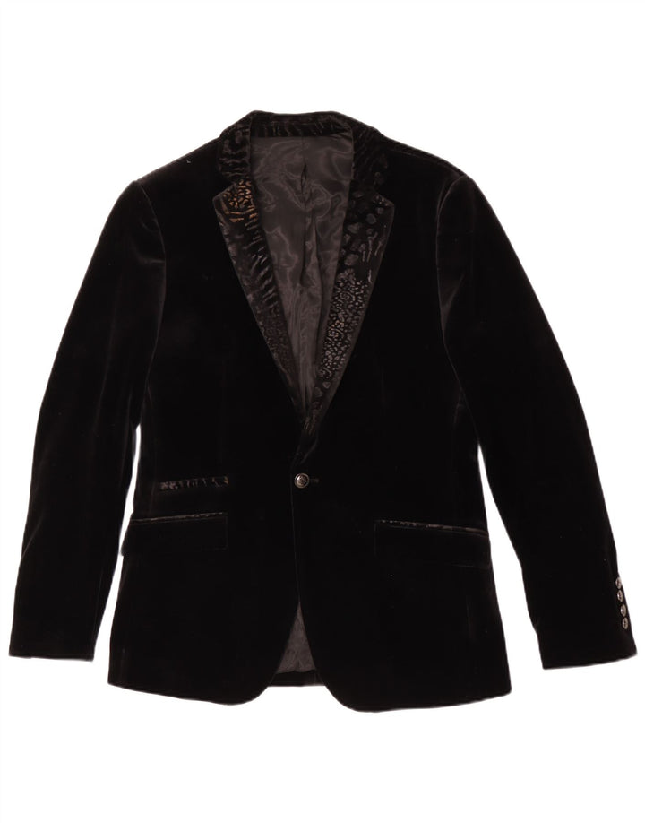 Vintage Hombres 1 Botón Terciopelo Blazer Chaqueta Tamaño 48 Medio Negro