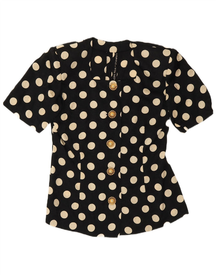 Vintage mujer manga corta 2 piezas falda conjunto Reino Unido 12 mediano W28 negro