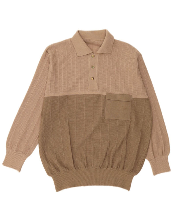 Vintage hombres polo cuello jersey suéter IT 54 XL beige colorblock lana
