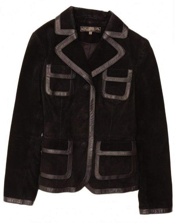 VINTAGE Chaqueta de ante para mujer Reino Unido 12 Cuero negro medio