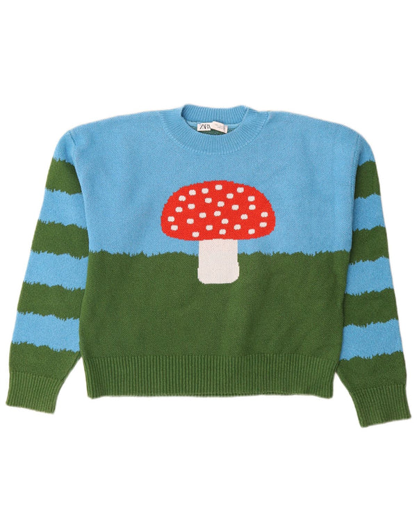 Zara Mujer Gráfico Cuello Redondo Jersey Jersey UK 46 Grande Verde Cuadros Algodón