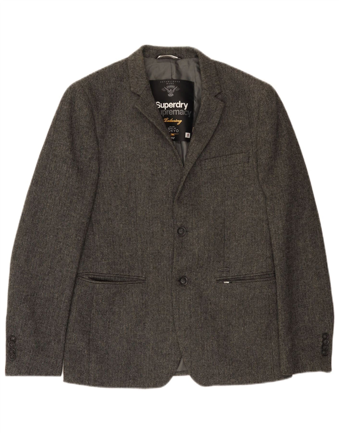 Superdry Chaqueta tipo blazer de 2 botones para hombre, talla 38, color gris medio en espiga