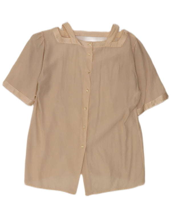 Vintage mujer camisa de manga corta blusa Reino Unido 12 Medio Beige
