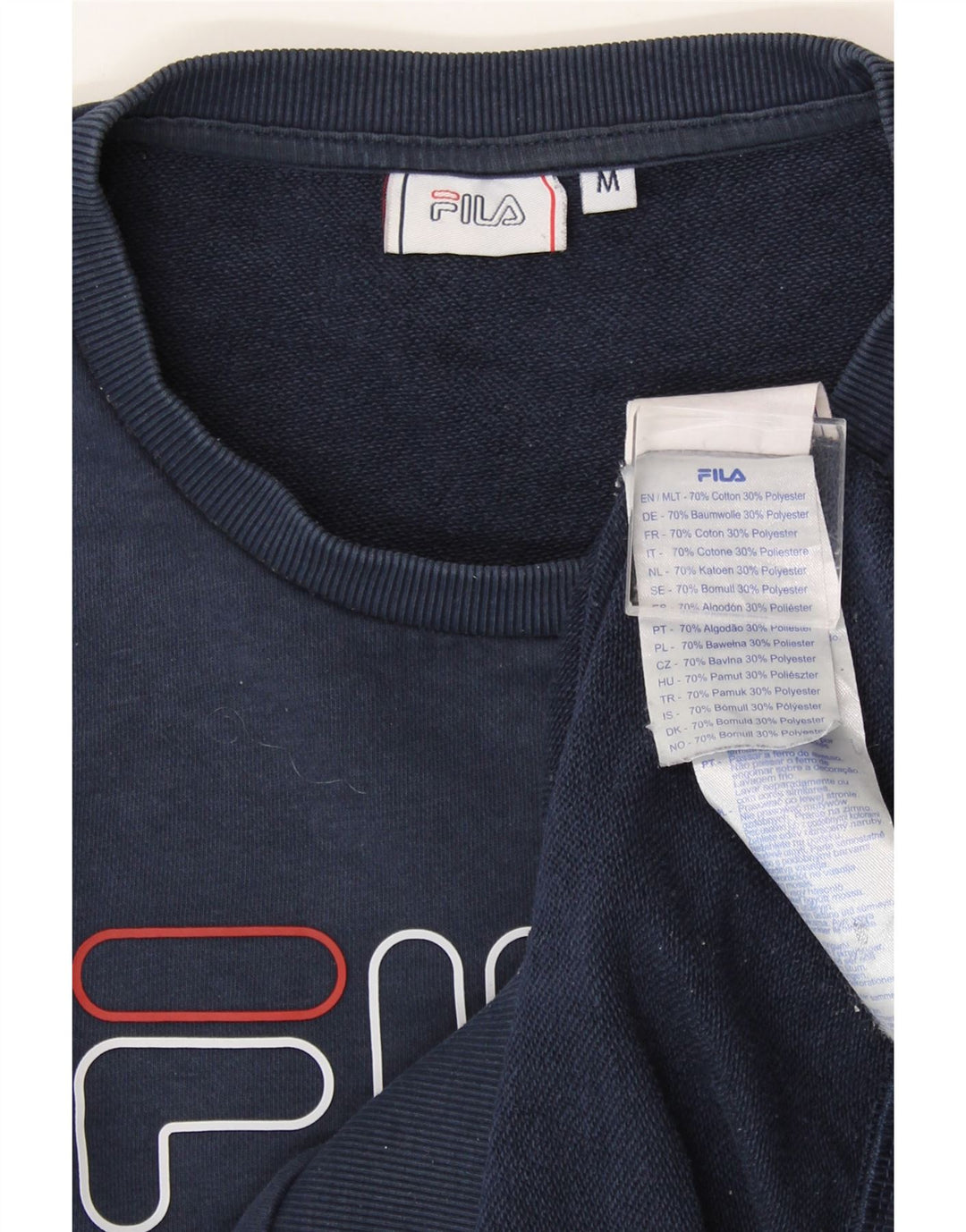 FILA Womens Graphic Sweatshirt Jumper UK 14 Medium Navy Blue Cotton Vintage Fila and Second-Hand Fila from Messina Hembry 