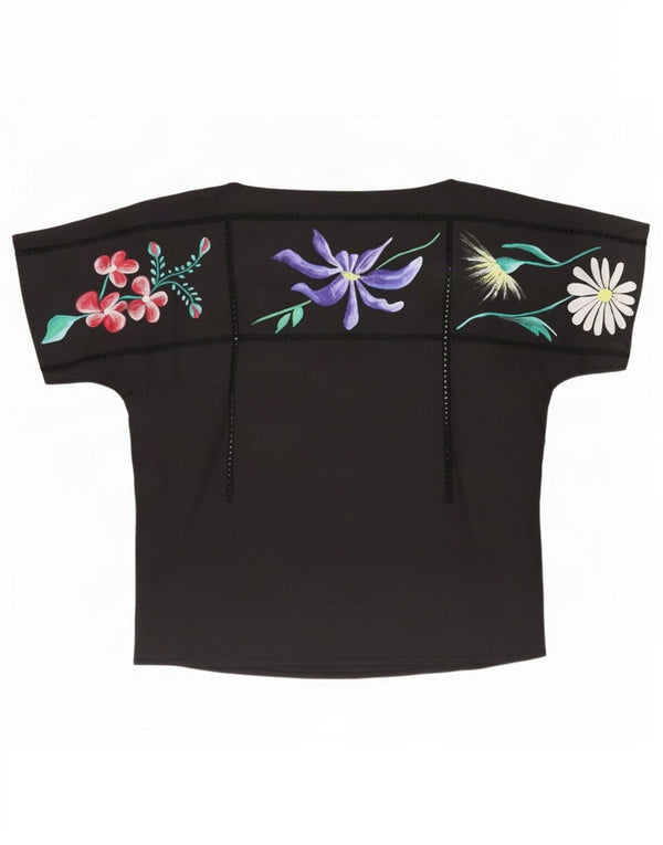 Vintage mujer blusa Top Reino Unido 12 Medio Negro Floral