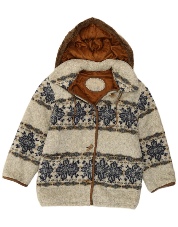 Vintage mujer con capucha piel sintética Duffle abrigo Reino Unido 14 gris medio Fair Isle