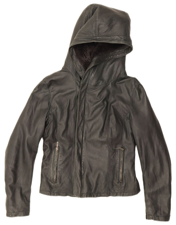 XETRA Chaqueta corta de cuero con capucha para mujer UK 12 Medium Black