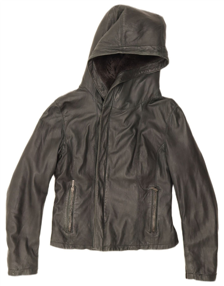 XETRA Chaqueta corta de cuero con capucha para mujer UK 12 Medium Black